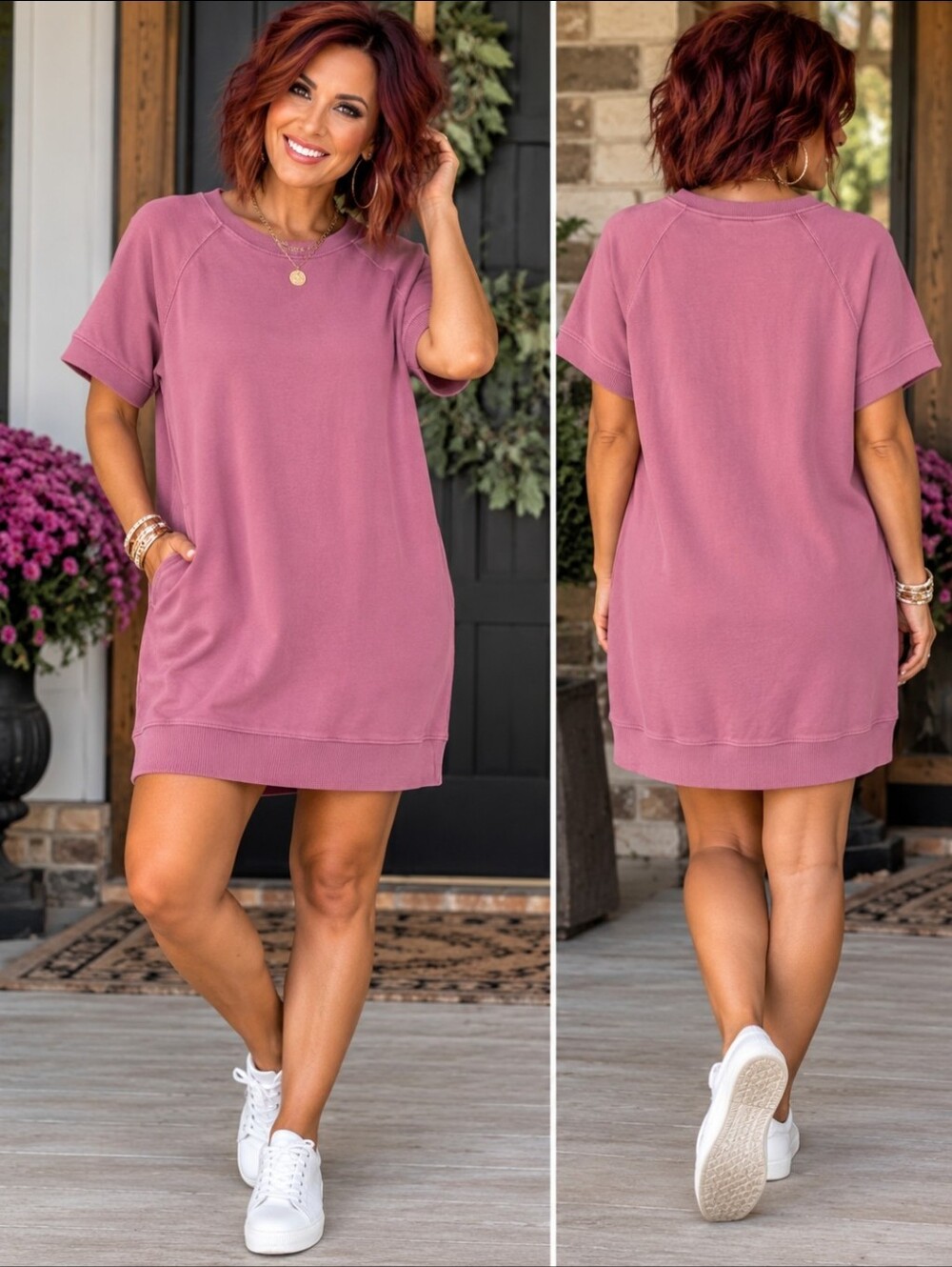 Athleta Short Sleeve Crewneck Shift Dress in Dusty Rose
